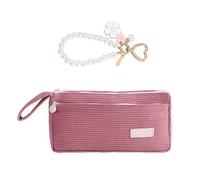 1 Piece Pink Corduroy Pencil Bag and 1 Piece Flower Pencil Bag, Large Capacity Stationery Storage Bag, Simple Pencil Bag, Cute Pearl Pencil Bag, Metal Keychain.
