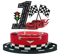 1 Piece Racing Car 1st Birthday Cake Decoration Glitter Happy Birthday Cake Topper Traffic Light Checked Flag Cake Decoration for Race Theme Baby Shower Boys Girls Birthday Party Cake Decorations