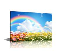 1 Piece Rainbow Wall Art White Dove Wall Decor Artwork for Home Walls Framed Wall Art Canvas Prints Wall Art Family Wall Decor Colorful Wildflowers Canvas Art Wall Decor for Bedroom, 16x24inch