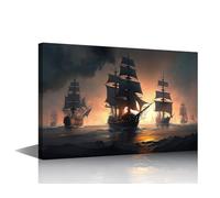 1 Piece Sailboat Nautical Canvas Wall Art Pirate Ship Paintings Prints on Canvas Warship Modern Artwork Pictures for Living Room Bedroom Giclee Framed Ready to Hang, 36x24in