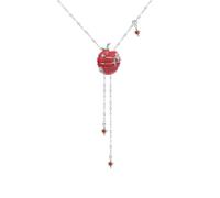 1-Piece Silver Tone Glossy Red Enamel Star Accent Sliced Apples Tassel Pendant Necklace - Dainty Sweet Fruity Whimsical Cottagecore Statement Jewelry for Women