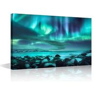 1 Piece Snowy Mountains Canvas Wall Art Green Northern Lights Paintings Prints on Canvas Russia Modern Artwork Pictures for Living Room Bedroom Giclee Framed Ready to Hang, 24" Wx36 H