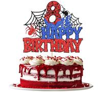 1 Piece Spider Theme Cake Decoration 8th Happy Birthday Cake Topper Glitter Terrible Spider Web Cake Decoration for Spider Theme Children 8th Year Birthday Party Cake Decoration Blue Red