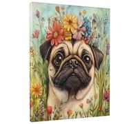 1 Piece Spring Pug Dog Canvas Prints Wall Art 12 * 16, Aesthetic Flower Plant Vertical Wall Art for Living Room Bedroom, Small Large Pet Puppy Bathroom Decor Wall Art Women Men