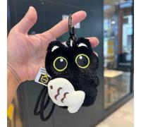 1 Piece Squeaky Cartoon Black Cat Keychain Big Eyes Plush Kitten Holding Fish Pendant Key Holder Decor Bag Hanging Charm 7.5 * 9cm