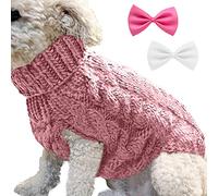 1 Piece Turtleneck Knitted Sweater Jacket and 2 Pieces Bow Tie, Warm Dog Pullover, Winter Dog Sweater, Pet Supplies (L, Pink)