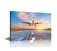 1 Piece Wall Art Airplane Landing at Sunset on A Runway Paintings for Living Room Aircraft Artwork Bright Red Sunset Pictures Giclee Home Decor Framed Ready to Hang Posters and Prints(16"Wx24"H)