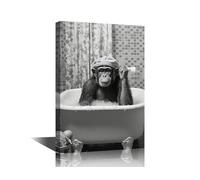 1 Piece Wall Decorations for Living Room Black and White Wall Art Monkey in Bath Poster Prints on Canvas Modern Chimpanzees Home Decor Framed Ready to Hang (12''Wx 18''H)