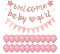1 piece welcome baby girl pull flag and 1 piece triangle pull flag with 20 pcs 12-inch balloons, birthday party hanging decoration, birthday banner, holiday decoration, party supplies (pink).