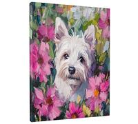 1 Piece Westie Dog Canvas Prints Wall Art 16 * 20, Oil Painting Peach Flower Vertical Wall Art for Living Room Bedroom, Small Large Pet Bathroom Decor Women Men
