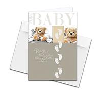 1 piece - XXL baby congratulations card for birth DIN A4 - large baby card - set with large envelope DIN C4 - teddy bear with footprints - unisex, for boys and girls