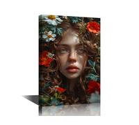 1 Pieces Colorful Portrait Home Decor Wall Women Pictures Canvas Art Wall Decor Flowers Living Room Wall Decor Posters and Prints Giclee Wooden Framed Gallery-Wrapped Ready to Hang (16"Wx24"H)