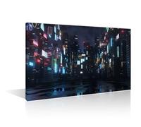 1 Pieces Cyberpunk City Neon Streetview Night Picture Artwork Home Decor Modern Painting Rendering of Billboards and Advertising Signs Wall Art for Living Room Framed Ready to Hang (24"Wx36"H)