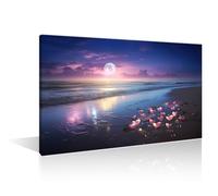 1 Pieces Pink Flowers on a Beach at Night with a Full Moon Wall Decor Painting Canvas Wall Art Posters Modern Home Decor Print for Home Living Room Dining Room Framed Ready to Hang (16"Wx24"H)