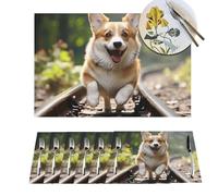1 Placemats Set Woven Placemat for Kitchen Corgi Dog Running on The Railroad Place Mats Heat Resistant Washable PVC Table Mats Dining Table Decor Place Mat for Dining Table Holiday Party