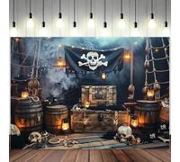 1 polyester backdrop with pirate motif - a happy roger ship deck with black flags, ropes and lanterns for a birthday party 300x200CM