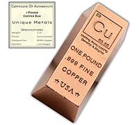 1 Pound Copper Bar Ingot Paperweight - 999 Pure Chemistry Element Design with Certificate of Authenticity by Unique Metals