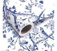 1 Roll Blue Floral Bird Wrapping Paper Mini Roll 17in x 32.8Ft Blue White Flowers Bird Pattern Gift Wrap Paper for Mother's Day Birthday Wedding Baby Shower Party Supplies