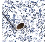 1 Roll Blue Floral Bird Wrapping Paper - Mini Roll - 43cm x 10m Vantege Flower Bird Pattern Gift Wrap Paper for Mother's Day Birthday Wedding Baby Shower Party Wrapping Supplies