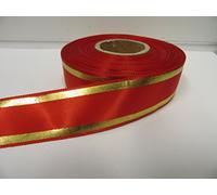 1 roll of 25mm Satin Ribbon x 20 metres Red with Rustic Metallic Gold Tramlines Stripes Tram Lines 25 mm 2.5cm