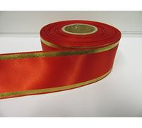 1 roll of 38mm Satin Ribbon x 20 metres Red with Rustic Metallic Gold Tram Tramlines Stripes Lines 38 mm 3.8cm
