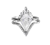 1 Set 2PC V Shape Rhinestone Diamond Rings Women Fashion Full Diamond Zircon Ring Ladies Jewelry Diamond Rings for Women Size 5 10 Rings Crystal Stone (Silver, 7)