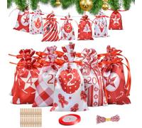 1 Set Advent Calendar Bags 24 Days Numbered Empty Advent Calendar To Fill with Rope & Clips Drawstring Closure Christmas Countdown for Mantel, Xmas Tree, Style 2