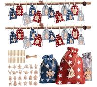 1 Set Advent Calendar Bags to Fill Yourself 24 Days Star Pattern Empty Advent Calendar To Fill with Wooden Number, Rope & Clips Drawstring Closure 3 Color Advent Calendar for Mantel, Xmas Tree