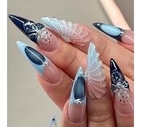 1 Set Almond False Nails Full Covers Stick On Nails 3D Flower Press On Nails French Artificial Nails Manicures Supplies