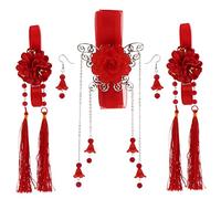 1 Set Ancient Chinese Hair Clip Tassel Ribbon Flower Drop Earring Red
