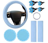 1 Set Car Interior Accessories Steering Wheel Cover Shoulder Pad Start Ring Button Decoration Vent Flower Clip Complete Decorative Kit for Auto (blue)