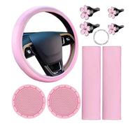 1 Set Car Interior Accessories Steering Wheel Cover Shoulder Pad Start Ring Button Decoration Vent Flower Clip Complete Decorative Kit for Auto (Pink)