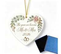 1 Set Ceramic Heart Hanging Ornament, 7.3cm Wedding Keepsake | 7.3cm Ceramic Hanging Ornament, White & Gold Design, Mr & Mrs, Blue Gift Box, Wedding/Anniversary Gift