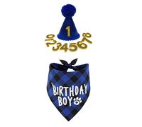 1 Set Dog Birthday Outfit, Cute Blue Boy Dog Birthday Hat and Bandana Scarf Set with Number. Party Hat with Pom-poms Topper for Medium Dogs Cats Pets