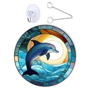1 Set Dolphin Jumping Moon Window Hanging Round Acrylic Stained Glass Suncatcher Hand Painted Wall Art Panel Decoration For Home Porch Door Office Bedroom