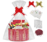 1 Set Empty Hamper Basket Gift Baskets with Handles Woven Bamboo Basket Kit with 2Bags 2Pull Bows and 1 Raffia for Christmas Birthday Wedding Baby Shower (Red)