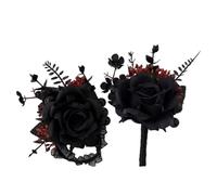 1 Set Gothic Black Rose Wrist Corsage and Boutonniere | Handcrafted silk fabric and plastic, fade resistant with lasting comfort, for bride and groom, keepsake for Halloween parties