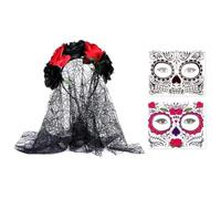 1 Set Halloween Rose Garland Vintage Black Veil Headband Temporary Face Tattoos Floral Headdress