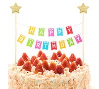 1 Set Happy Birthday Cake Topper Banner, Golden Star Cakes Topper Handmade Pennant Flags Colorful Rainbow Cake Decoration Banner Cakes Toppers with Wooden Polls for Birthday Party Decoration Supplies