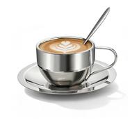 1 Set of 304 Stainless Steel Coffee Cups with Spoon & Saucer, 6.08 Oz Metal Espresso Mugs, Double Walled Insulated Espresso Coffee Cup for Cappuccino Latte Milk Tea Beverages (1 Set， 180 ml)