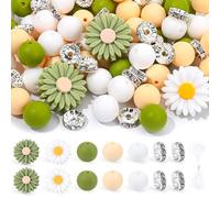 1 Set Silicone Beads, Cute Daisy Flower, Round, Flat Round Rondelle Spacer Beads with Elastic Rope for DIY Pens Bracelet Keychain Lanyard Hang Ornament Spacer for Jewelry Making