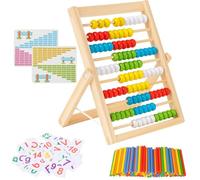 1 Set Wooden Abacus for Kids with 56 Number & Alphabet Cards, 56 Counting Sticks, Multiplication Chart, Size 23x27.5cm, Educational Math Learning Toy for Toddlers Ages 3-7, Multi-color