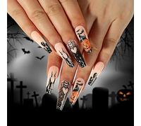 1 Sheet Coffin French Fake Nails Tips Full Cover Acrylic Glossy Horrible Halloween False Coffin False with Designs