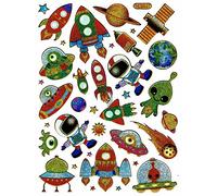 1 Sheet Metallic Glitter Effect - Rockets Space Satellite Stickers Children's Birthday Decoration Hobby Crafts Collecting Self-Adhesive Pre-Cut