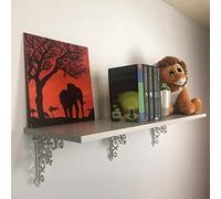 1 Shelf + 3 Brackets Set Bowed Rustic Aluminium Lacquer Boards 90-120cm Wall Mounted Hanging Decorative Storage Unit Home Office Heavy Duty Holds 30kg [90x30cm Grey Aluminium, 3 White Brackets]