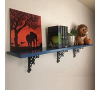 1 Shelf + 3 Brackets Set Bowed Rustic Aluminium Lacquer Boards 90-120cm Wall Mounted Hanging Decorative Storage Unit Home Office Heavy Duty Holds 30kg [118x23.5cm Blue Lacquer, 3 Grey Brackets]