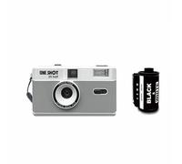 1 Shot Point and Shoot 35mm Film Camera, Reusable Retro Half Frame Camera, Built in Flash, Included One Roll ASA/ISO 400 Black & White Film 18 Exp.(36 Shots) Battery Not Included (Grey Color)