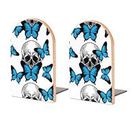 1 Skull Blue Butterflies Seamless on White Book Shelf Holder, Bookends Book Stand for School Home Office Desks Library Books Movies DVDs Files Magazines M