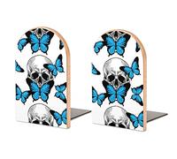 1 Skull Blue Butterflies Seamless on White Book Shelf Holder, Bookends Book Stand for School Home Office Desks Library Books Movies DVDs Files Magazines S