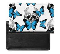 1 Skull Blue Butterflies Seamless on White Women's Passport Protector, Men's Passport Protector, PU Travel Passport Protector for Women Men Worker 5.8 x 3.9 x 0.4 inch